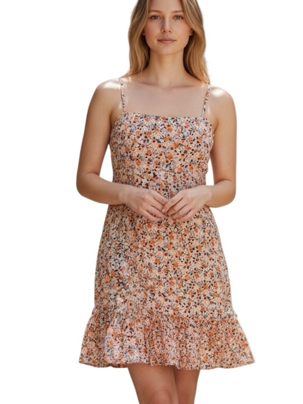 Sweet Pot Orange Blue Floral Side Zipper Spaghetti Strap Summer Mini Dress Sz S